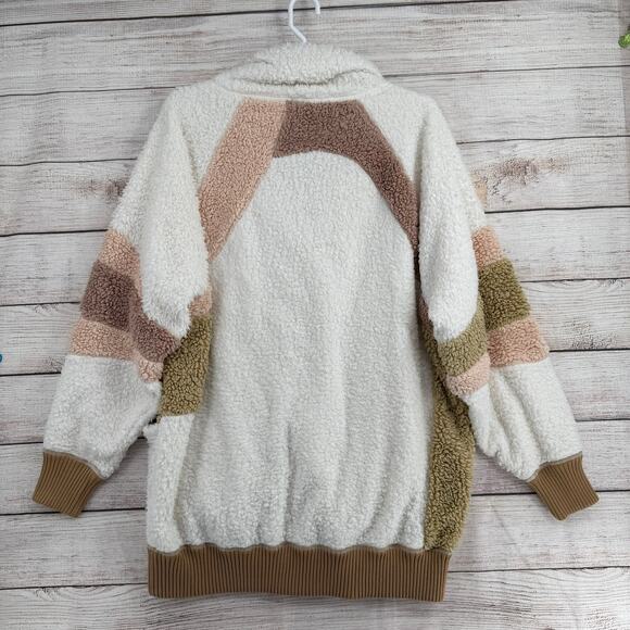 Free People Selma Cardi Colorblock Sherpa Cardigan Sweater Womens L White Brown - Picture 2 of 14